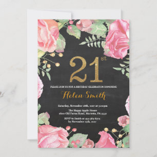 Floral 21st Birthday Invitation Gold Glitter