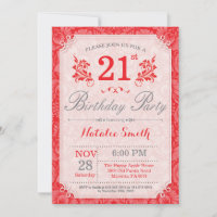 Floral 21st Birthday Invitation Red for Women