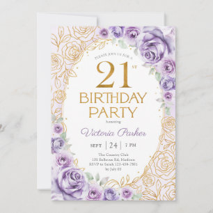 Floral 21st Birthday Lilac Purple Gold Invitation