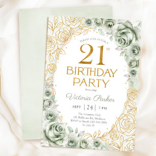 Floral 21st Birthday Sage Green Gold Invitation