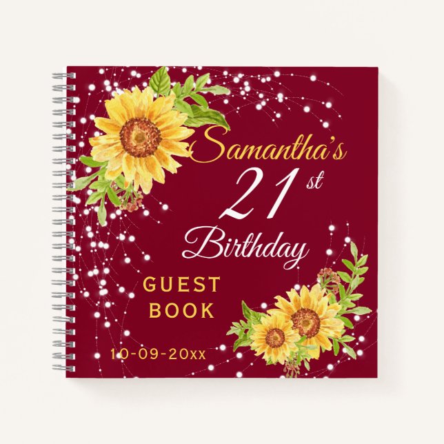 Floral 21st Birthday Sunflower Burgundy Guest Notebook (Front)