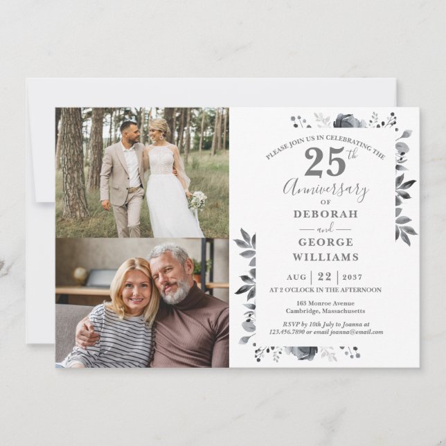 Floral 25th Wedding Anniversary Then & Now 2 Photo Invitation (Front)
