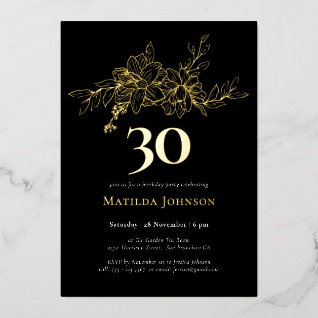 Floral 30e anniversaire Gold Foil Invitation (Recto)