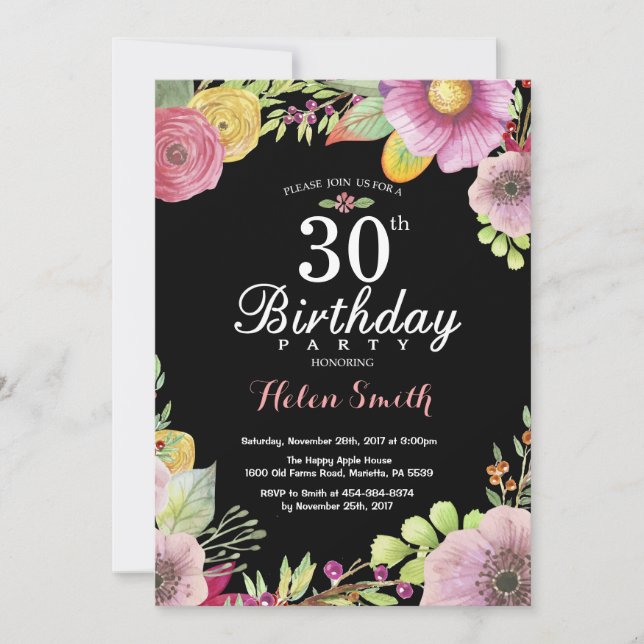 Floral 30th Birthday Invitation for Women (Front)