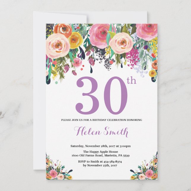 Floral 30th Birthday Invitation Purple (Front)