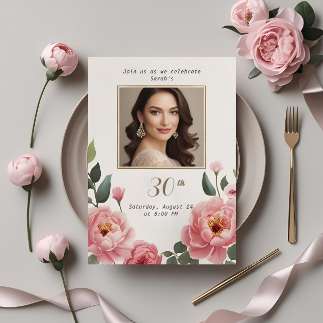 Floral 30th Birthday Invitation with Photo (Creator Uploaded)