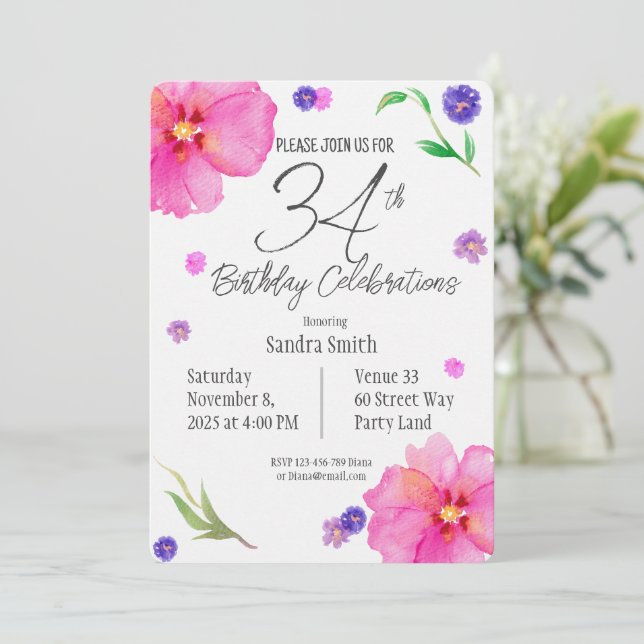 Floral 34th Birthday Invite for Moms (Standing Front)