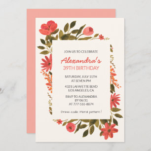 Floral 39th birthday invitations Boho Elegant