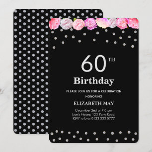 Floral 40th, 60th Birthday with Diamonds on Black Invitation