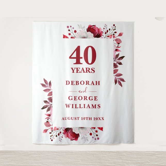 Floral 40th Anniversary Photo Booth Backdrop Tapestry (Front)