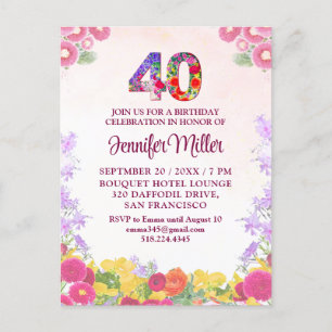Floral 40th Birthday - Elegant Pastel 40 Years  Invitation Postcard