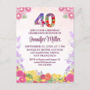 Floral 40th Birthday Invitation, Elegant 40 Years Postcard