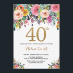 Floral 40th Birthday Invitation Gold Glitter<br><div class="desc">Floral 40th Birthday Invitation for Women. Watercolor Floral Flower. Gold Glitter. Pink,  Yellow,  Orange,  Purple Flower. Adult Birthday. For further customization,  please click the "Customize it" button and use our design tool to modify this template.</div>