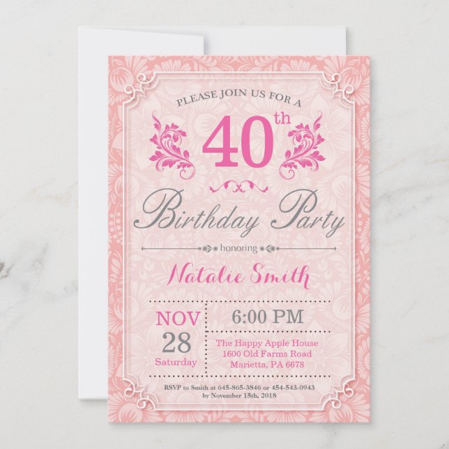 Floral 40th Birthday Invitation Pink for Women (Front)