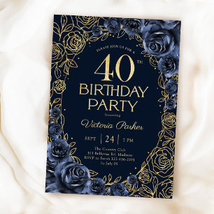 Floral 40th Birthday Navy Blue Gold Invitation
