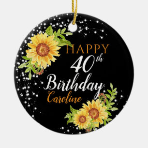 Floral 40th Birthday Sunflower Black Ceramic Ornament