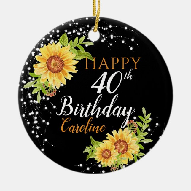 Floral 40th Birthday Sunflower Black Ceramic Ornament (Front)