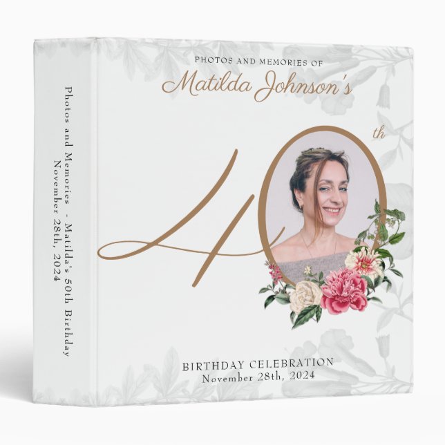 Floral 40th Birthday White Gold Classy Photo Album Binder (Front/Spine)