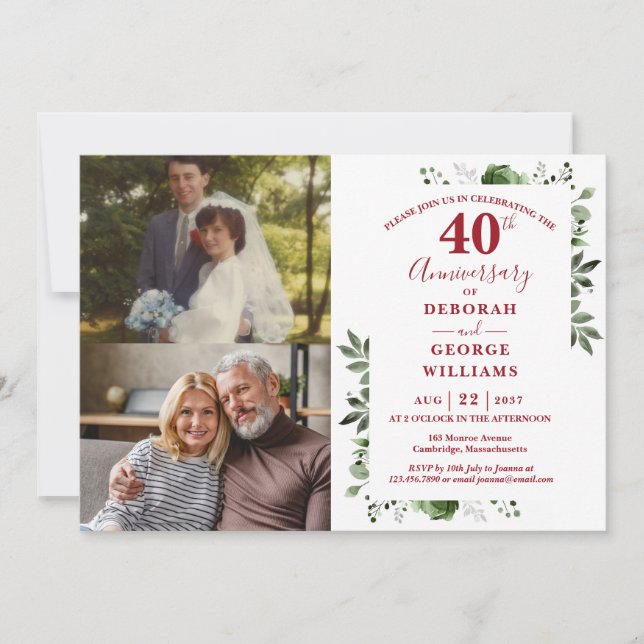 Floral 40th Wedding Anniversary Then & Now 2 Photo Invitation (Front)