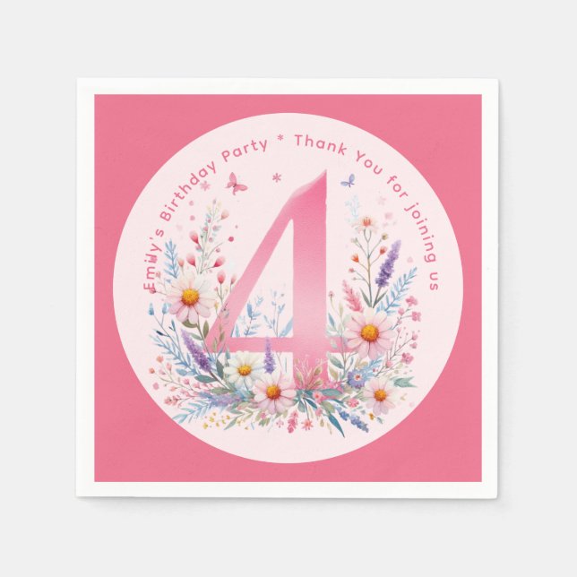 Floral 4th Birthday Custom Four Fairy Princess Napkin (Front)