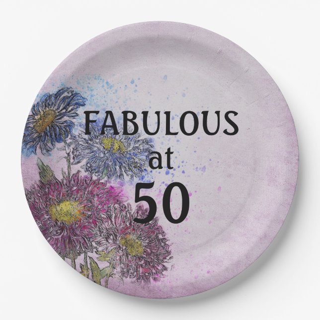 Floral 50 and Fab Birthday Party Paper Plates (Front)