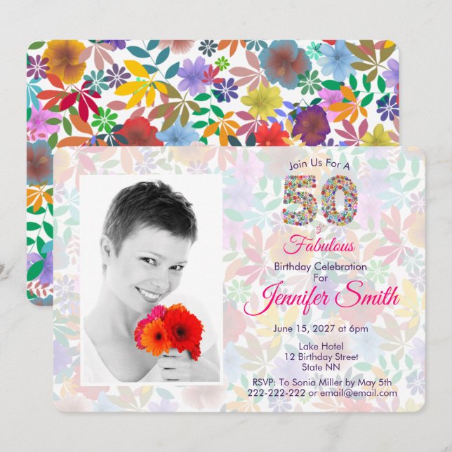 Floral 50 and Fabulous 50th Birthday Celebration  Invitation (Front/Back)
