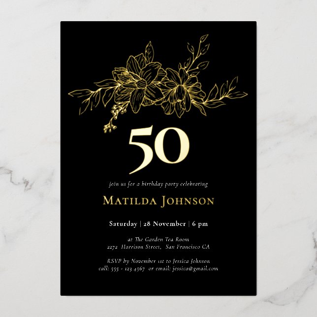 Floral 50e anniversaire Gold Foil Invitation (Recto)