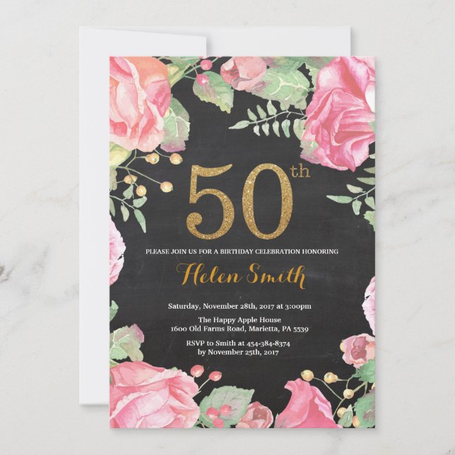 Floral 50e anniversaire Invitation Parties scintil (Devant)