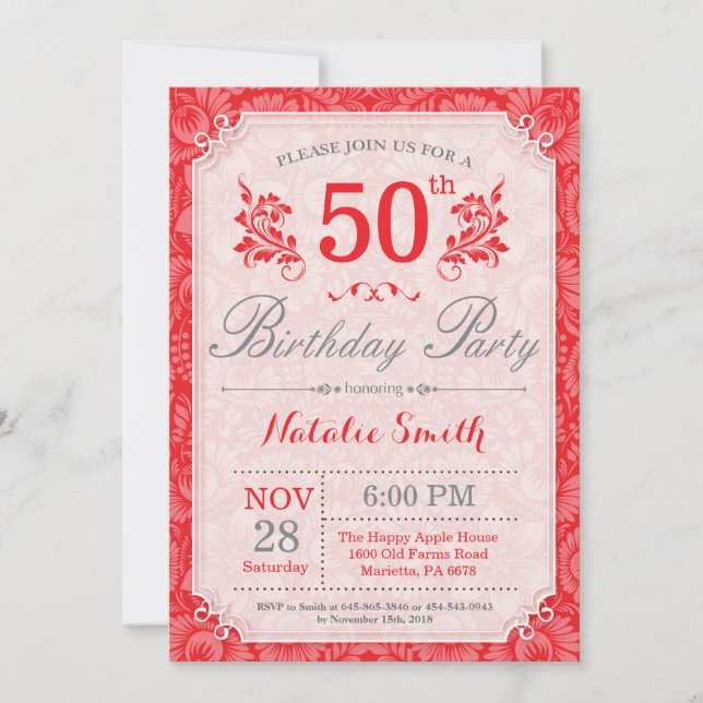 Floral 50e anniversaire Invitation Rouge pour les  (Devant)