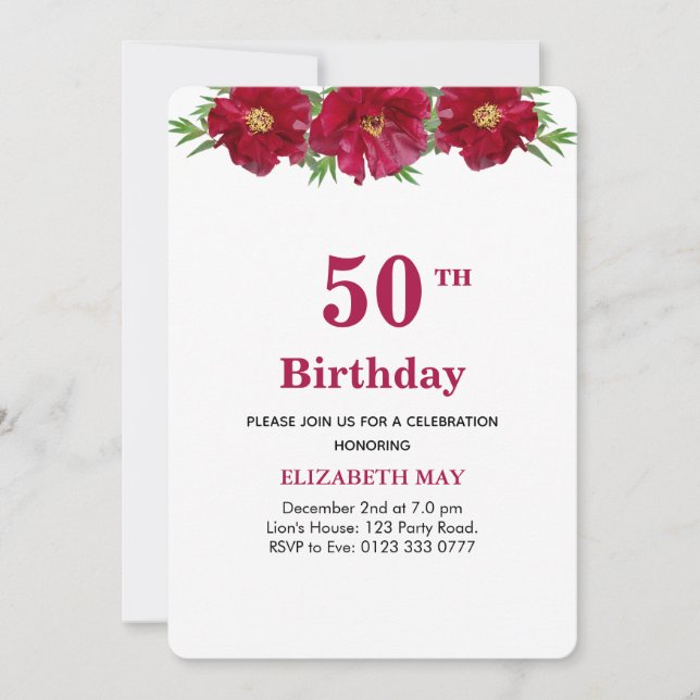 Floral 50th, 60th Birthday on Burgundy & Black Invitation (Front)