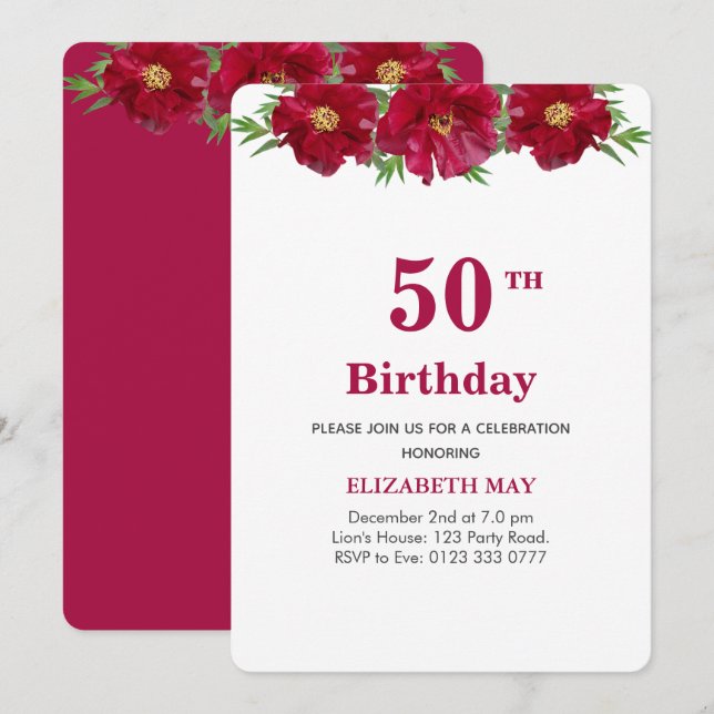 Floral 50th, 60th Birthday on Burgundy & White Invitation (Front/Back)
