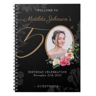 Floral 50th Birthday Black Gold Photo Guestbook Notebook