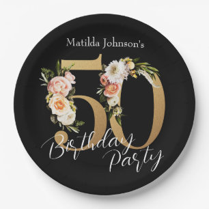 Floral 50th Birthday Black Gold Vintage Bohemian Paper Plate