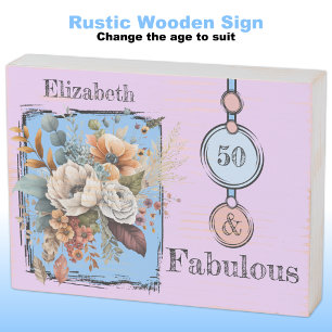 Floral 50th birthday custom name blue rustic wooden box sign