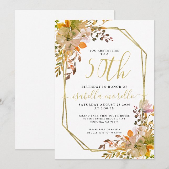 Floral 50th Birthday Gold Frame Invitation (Front/Back)