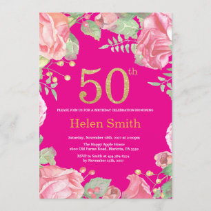 Floral 50th Birthday Gold Glitter and Hot Pink Invitation