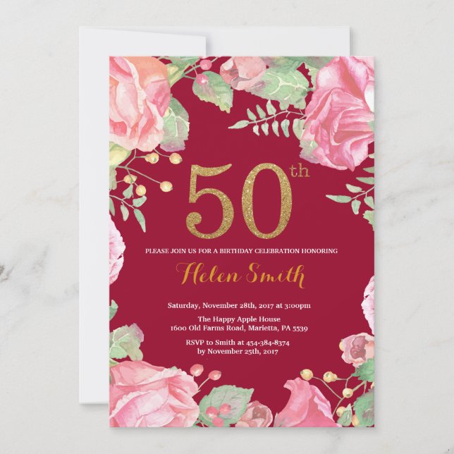 Floral 50th Birthday Gold Glitter Burgundy Red Invitation (Front)