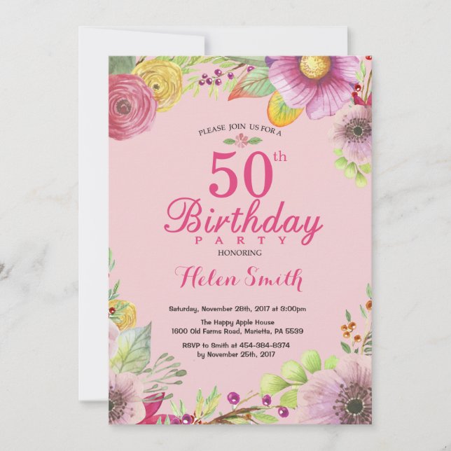 Floral 50th Birthday Invitation for Women Pink (Front)
