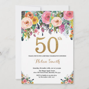 Floral 50th Birthday Invitation Gold Glitter