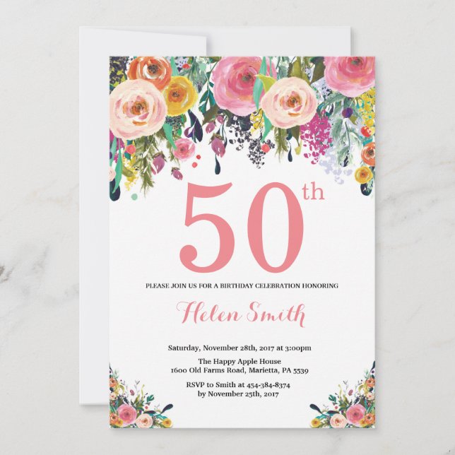 Floral 50th Birthday Invitation Pink (Front)
