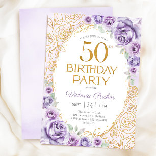 Floral 50th Birthday Lilac Purple Gold Invitation