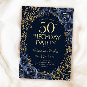 Floral 50th Birthday Navy Blue Gold Invitation
