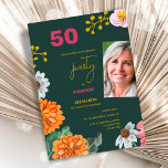 Floral 50th Birthday Party Invitation Photo<br><div class="desc">Celebrate a milestone in style with this elegant 50th birthday party invitation featuring a modern floral design, bold colors and a personalized photo. The rich green background combined with vibrant flowers creates a sophisticated yet cheerful look, perfect for a stylish birthday celebration. Ideal for women’s 50th birthday parties, garden celebrations,...</div>