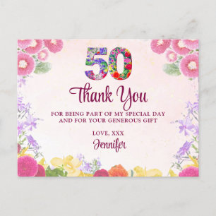 Floral 50th Birthday Party / Pastel 50 Thank You Postcard