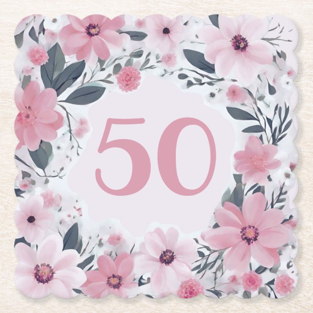 Floral 50th Birthday Party Pastel Pink Flowers Paper Coaster (Front)