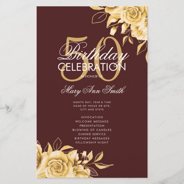 Floral 50th Birthday Program Gold & Burgundy Menu (Front)