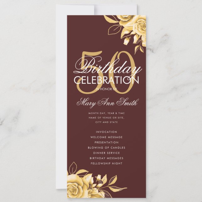 Floral 50th Birthday Program Gold & Burgundy Menu (Front)