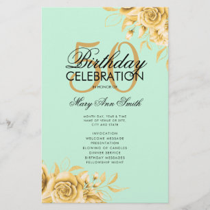 Floral 50th Birthday Program Gold w/ Menu Mint