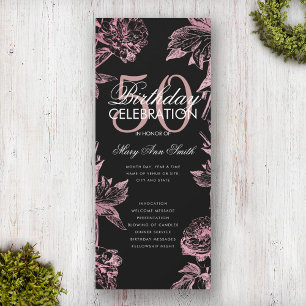 Floral 50th Birthday Program Rose Gold Black Menu