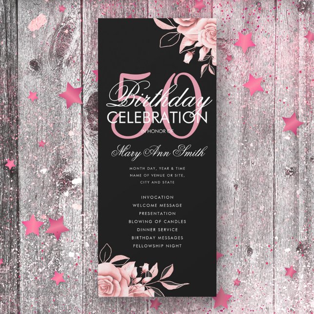 Floral 50th Birthday Program Rose Gold Black Menu (Creator Uploaded)